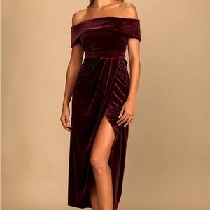 Lulu’s Burgundy off the shoulder velvet midi dress